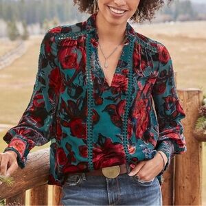 Sundance Floral Velvet Blouse in Red and Teal size xs